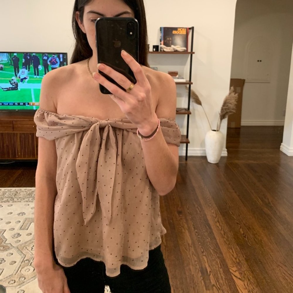 Tan + Black Polka Dot Off The Shoulder Allegra